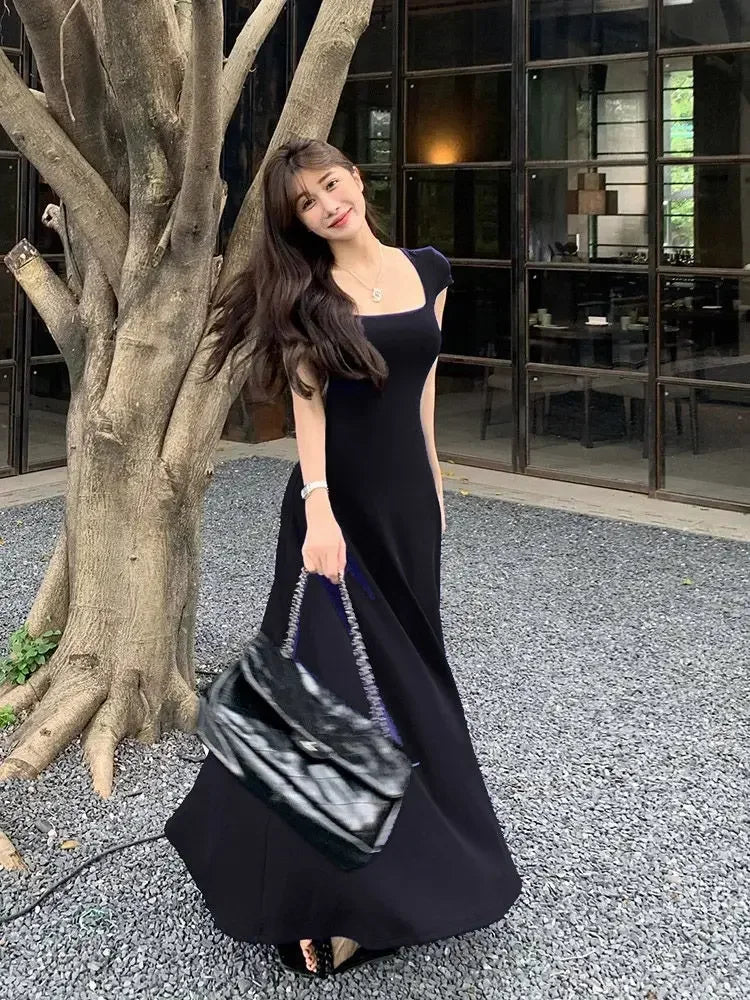 PTKPCC Summer Waist-fitted Elegant French Style Women's Grey Short Sleeve Tank Dress Long Dress Sexy Dress