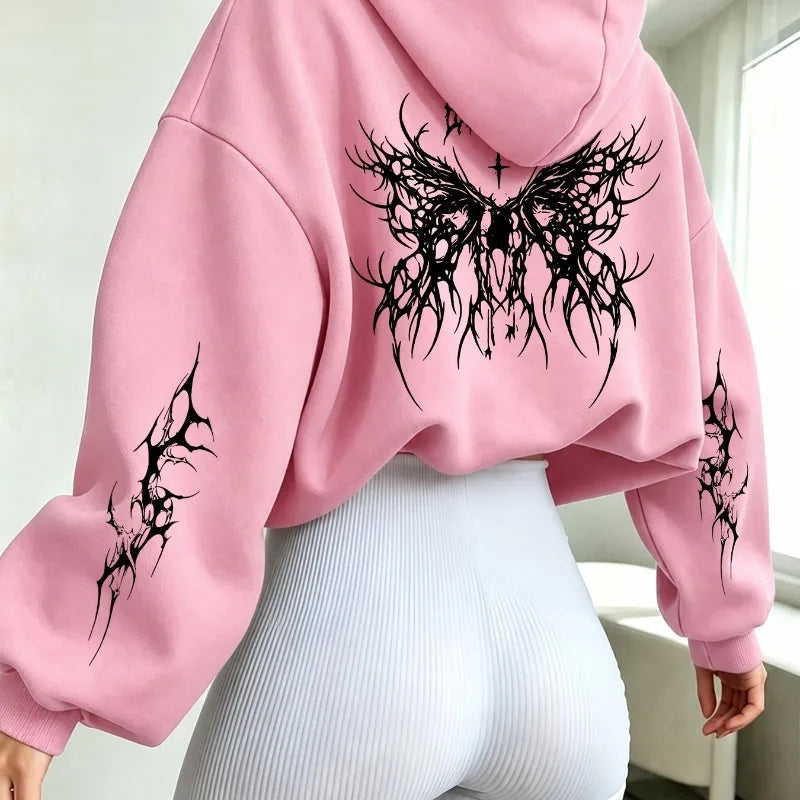 Black Cross Thorn Butterfly Pattern Print, Y2K Retro Street Women's Autumn/Winter Collection with Velvet Long Sleeve Hoodie