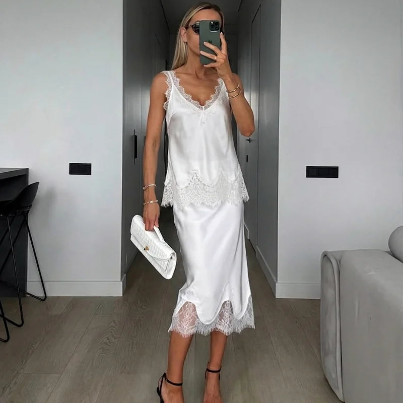 Satin Two Piece Set Women Outfits 2026 Summer Vintage Lace Trim Cami Top and Midi Skirt Matching Set Sexy Slip Skirts Suits