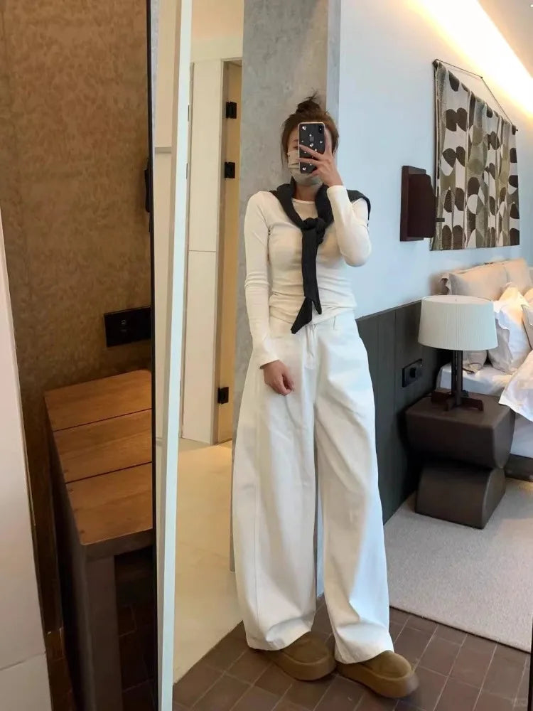 Baggy Barrel Leg White Jeans Women's Wide Leg Loose Oversized Denim Pants Spring Fashion Korean Style Y2K Pants Streetwear