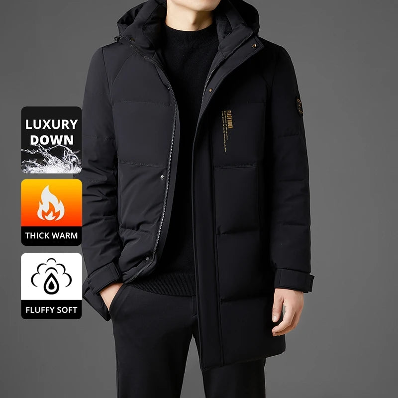 Down Coats Parkas Long Feather High End Long White Duck Down Casual Hooded Fashion Men Down Jacket Longline Winter Warm Designer Parkas Puffer Feather Coats