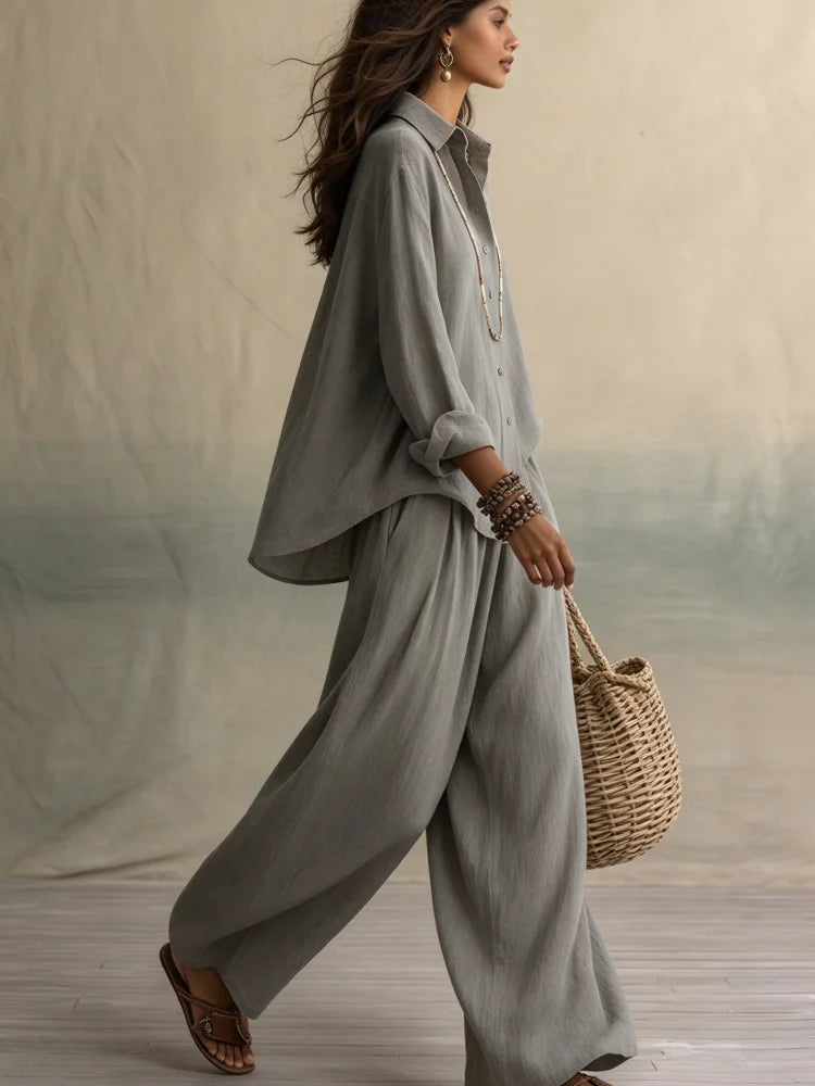 Women Co Ord Set Lapel Shirt Wide Leg Pants 2 Piece Outfit Solid Long Sleeve Button Down Matching Suit Casual for Vacation Daily