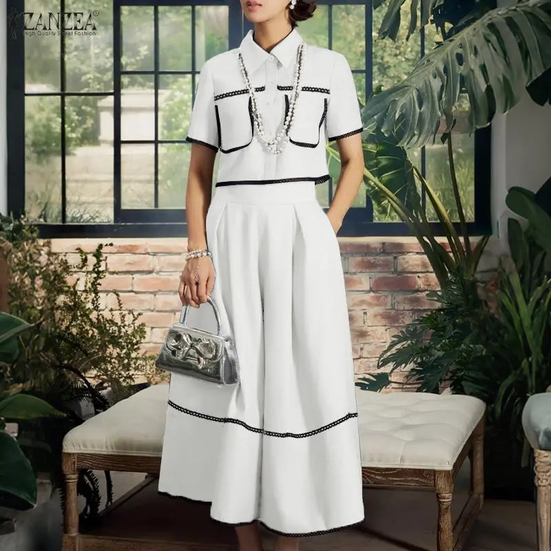 2026 Summer Outfits ZANZEA Women Patchwork 2 Pieces Sets Elegant Lapel Neck Short Sleeve Shirt A Line Dress Suit Matching Sets