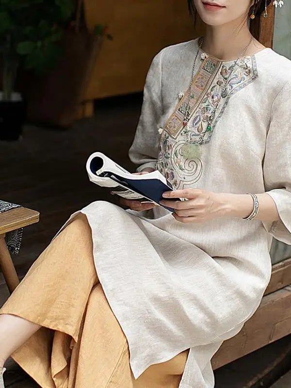 Dress Retro Embroidered Cotton Linen One-Piece Dress with Button Detail Lightweight Chinese Style Tea Costume Women's Dress