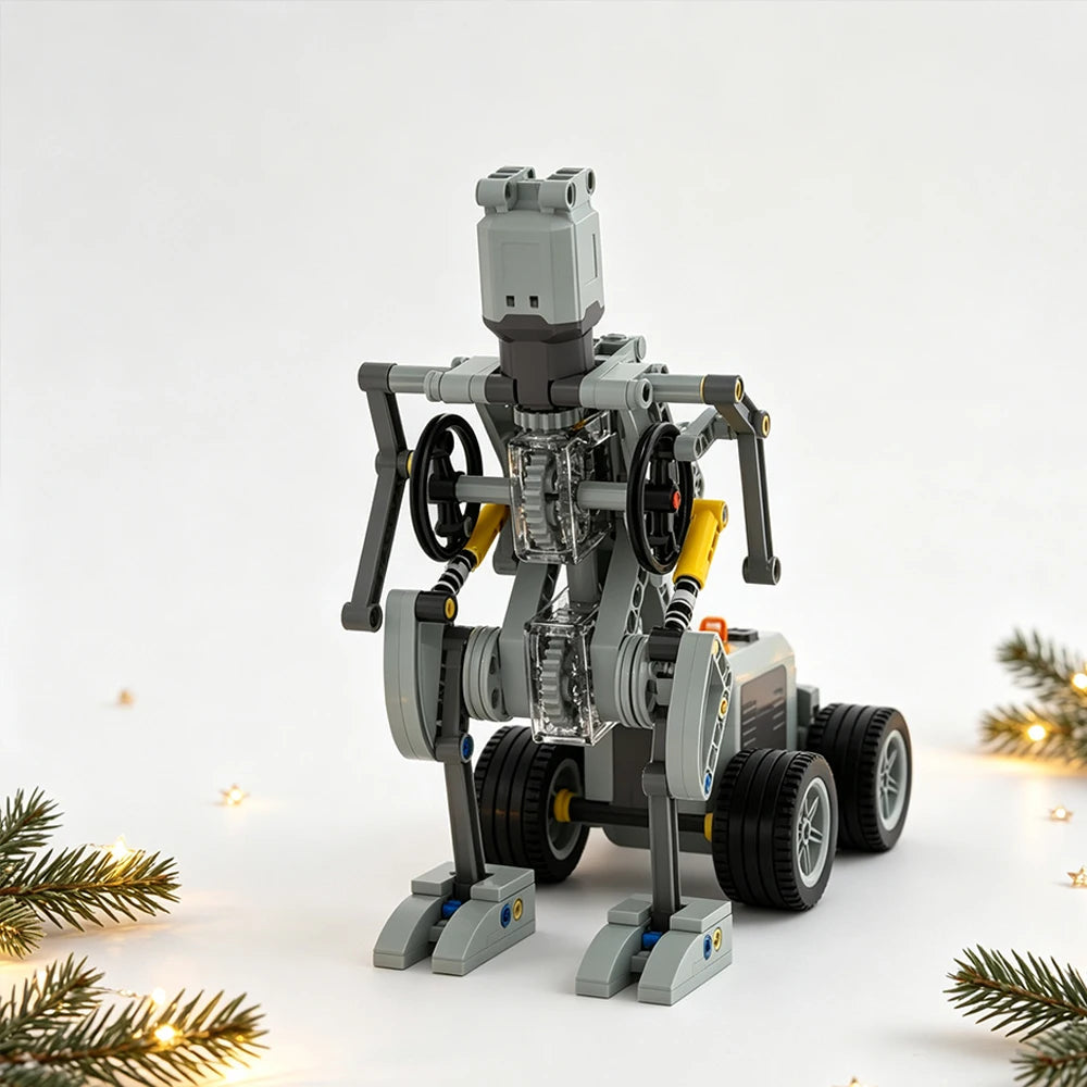DIY MOC Mechanical Walker – Robot Pulling Wheeled Load, Interlocking Brick Set for Creative Assembly & Kinetic Art Display