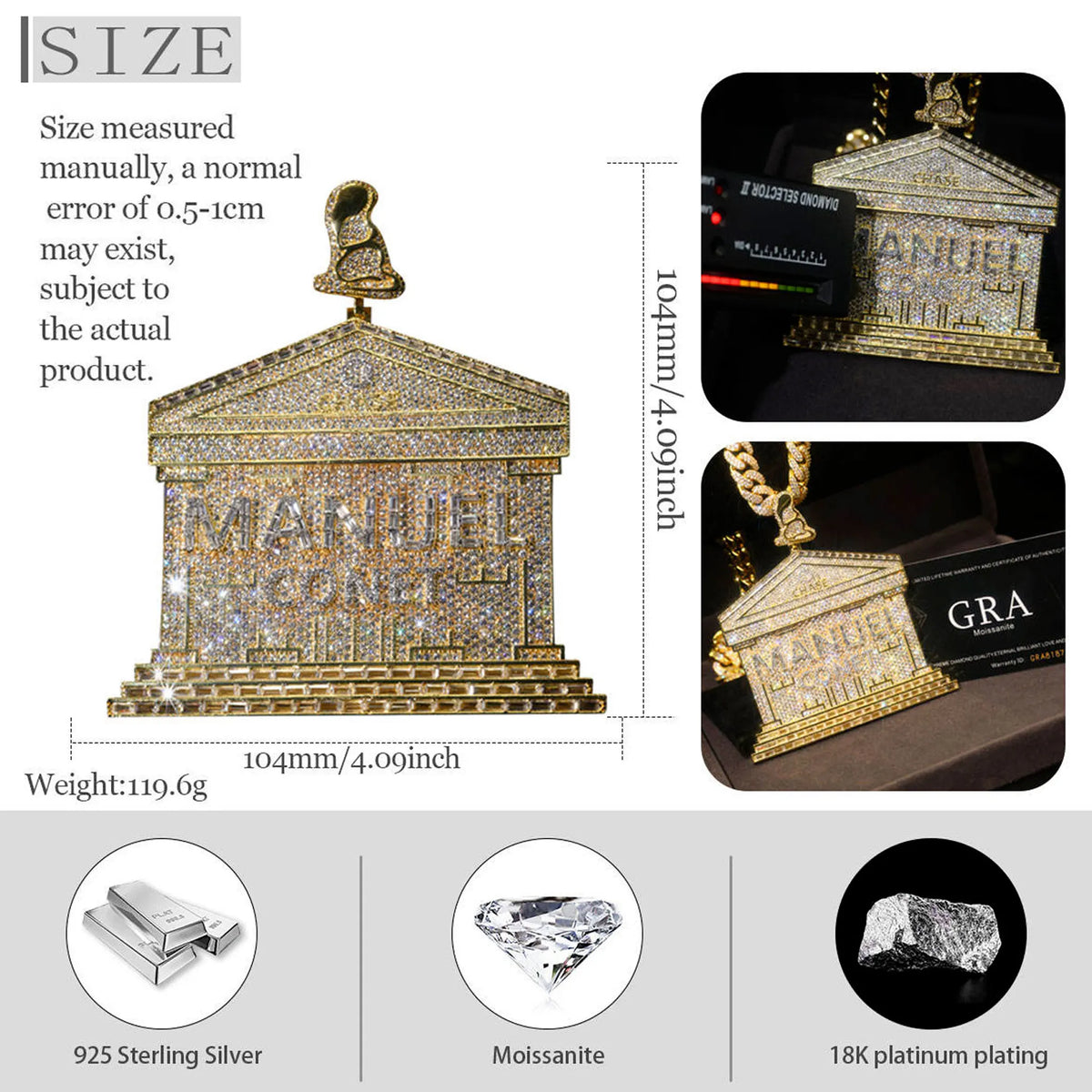 Necklace LYEE CYEE 925 Silver 3D Building Shaped Pendant, Bling Moissanite-Encrusted Custom Text Charm, Hip Hop Streetwear Necklace for Men Jewelry