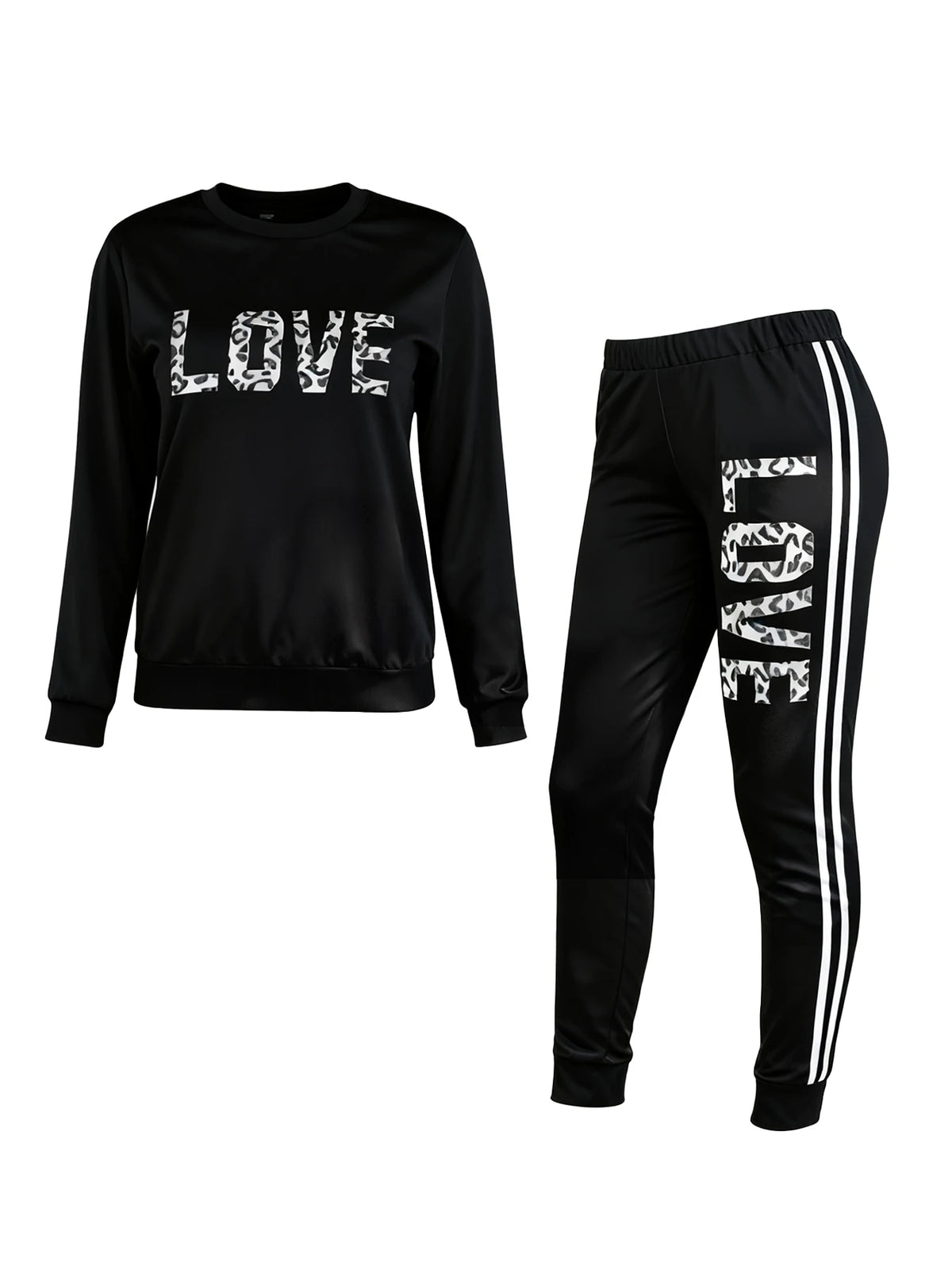 Plus Size Women 2 Piece Matching Tracksuit Set Leopard LOVE Letter Print Crew Neck Long Sleeve Sweatshirt Dual White Side Stripe