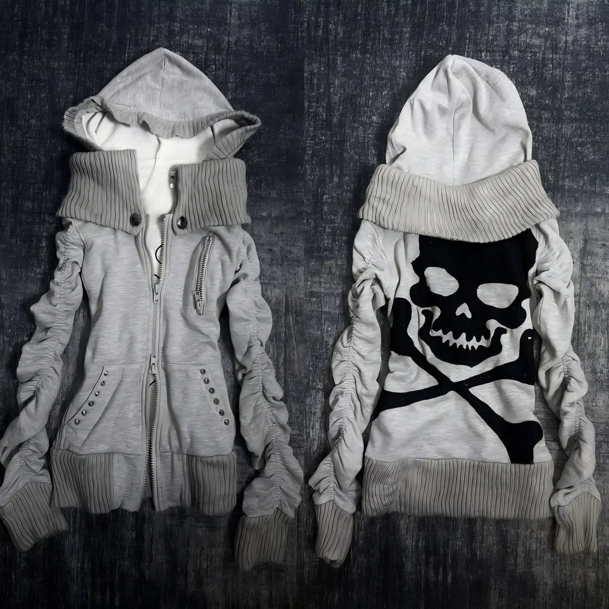 Gray Double Zip Up Slim Fit Classic Sweatshirts for Women's Harajuku Gothic Skulls Pattern Warm Hoodies Grunge Anime Hoodies