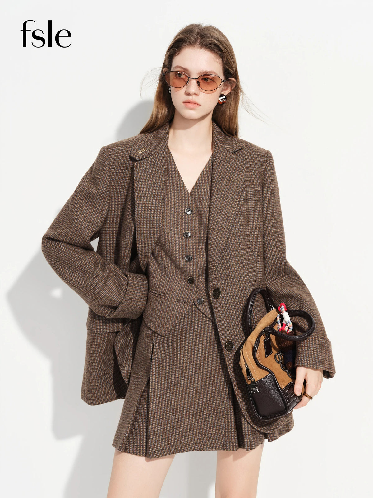 Set Office Chic Suit FSLE【Premium Series】New Women's Brown Wool Checkered Suit Set Blazer Vest Skirt Three Piece Coord Vintage Office Chic Suiting