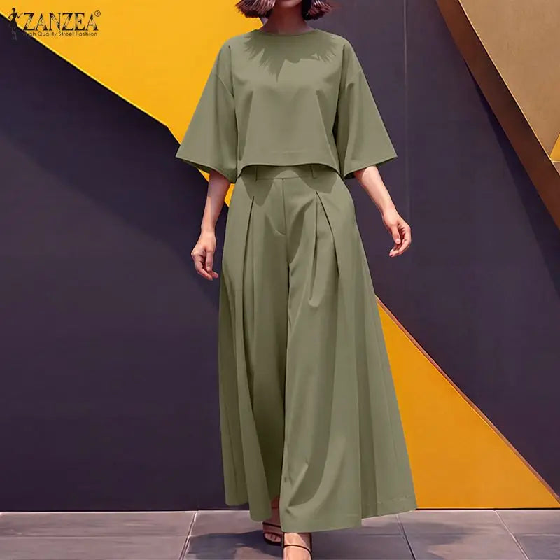 Women Pant Sets Boat Neck 3/4 Sleeve Crop Top & Wide Leg Pant 2-Piece Matching Sets ZANZEA Minimalist Elegant OL Work Co-ords