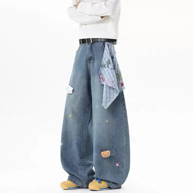 ZHIZOU 2025 Autumn Women Blue Y2k Baggy Printing Jeans Harajuku Aesthetic 2000s Denim Trousers Vintage Jean Pants Trashy Clothes