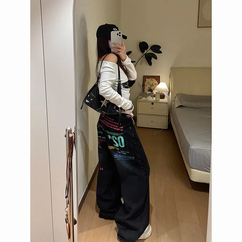 ZHIZOU Women Blue Gothic Y2k Oversize Jeans Harajuku Vintage Wide Leg Denim Trousers Aesthetic 2000s Style Boyfriend Jeans Pants