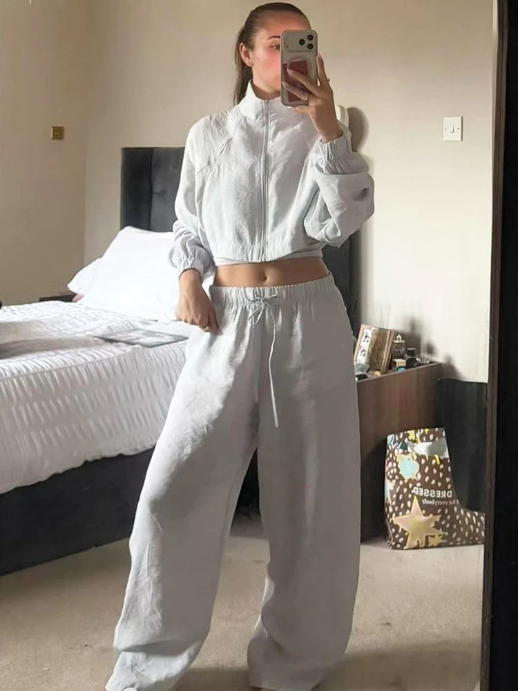 Women 2 Pieces Sets Summer Women's Suit Loose Thin Zip Up Crop Jacket & Wide Leg Pants Sets Female Casual In Matching Sets