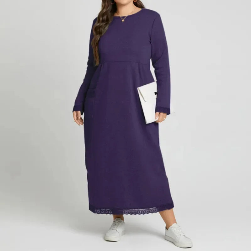 Plus Size 0XL-5XL Women's Fall Loose Fashion Dress Knitted Lace Long Dress Padded Sweater Casual Dress Sports Dresses