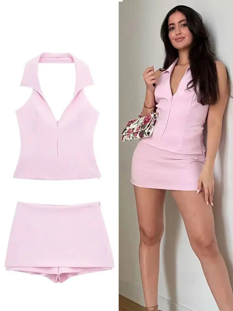 Set HH Women Casual Skirts Shorts Set Chic Halter Shirt Neck Backless Top & Shorts Sweet Pink Summer Sexy Shorts Sets