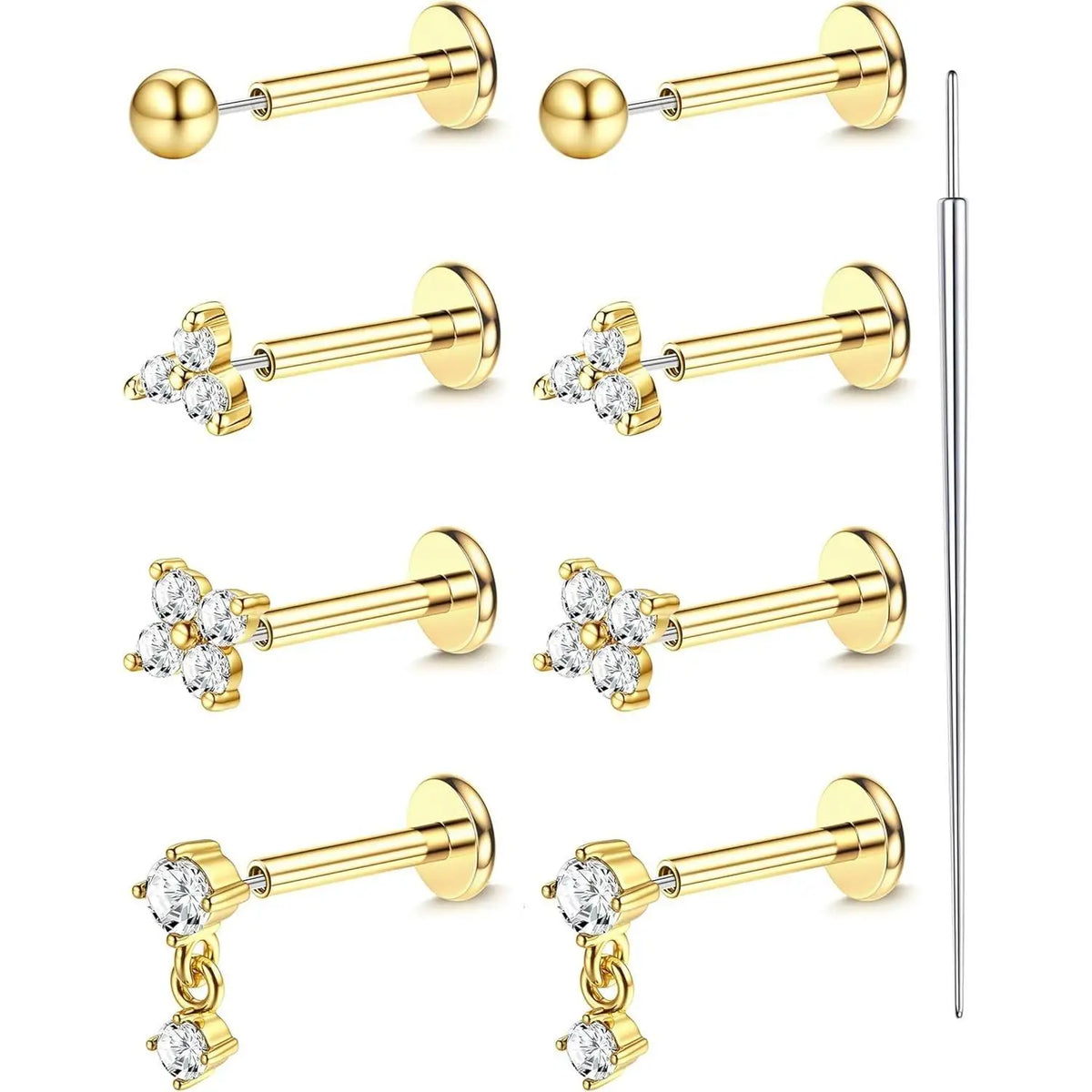 4 Pairs Gold Plated Flat Back Earrings Studs for Women Men CZ 316L Surgical Steel Nose Tragus Helix Lip Piercing Jewelry