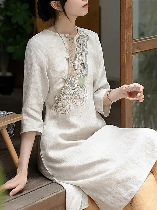 Dress Retro Embroidered Cotton Linen One-Piece Dress with Button Detail Lightweight Chinese Style Tea Costume Women's Dress