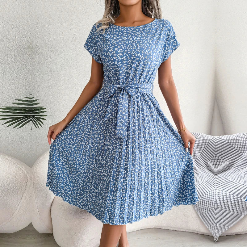 Floral Boho Midi Gaun Berlipat Floral Wanita Gaun Midi Perban Ruched Lengan Pendek Leher-o Kasual Musim Panas Gaun Boho Chic A Line Pantai Wanita