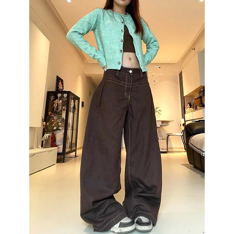 ZHIZOU American Pattern Embroidery Baggy Brown Jeans Women High Street Vintage Y2K 2000s Hip Hop Fashion Casual Wide-leg Pants