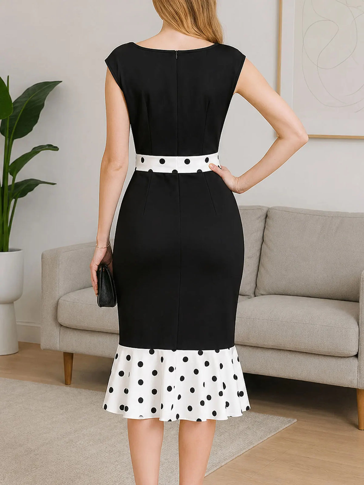 Women Elegant Sleeveless O-Neck Bodycon Black Button Splicing Wave Dot Mermaid Knee Length Leisure Work Party Pencil Dress