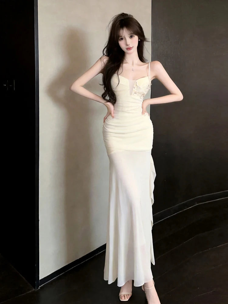 Elegant High-Waisted Asymmetrical Hem Gown with Lace Flowers And Pleats Sleeveless Bodycon Dress for Young Women Summer Casua...