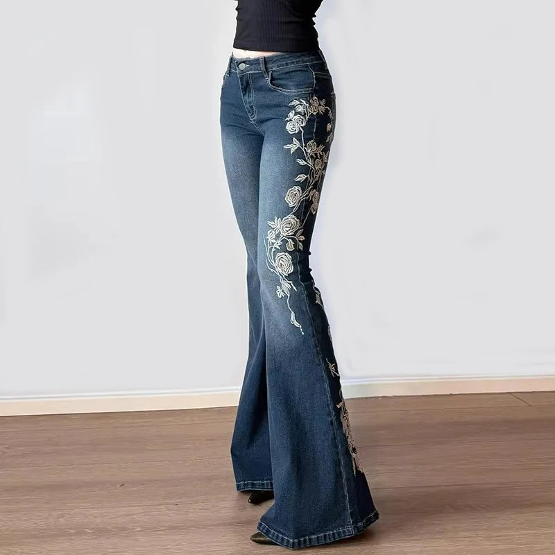 Autumn Women Retro Y2k Jeans Baggy Floral Embroidery Vintage 2000s Low Rise Flared Denim Pants High Street Slim Fit Trousers