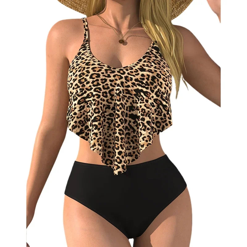 Two Piece Swimwear Leopard Print Ruffle High Waist Bathing Suit Women Summer Beachwear Tankini Style Swimsuit Bandage Bikini Set