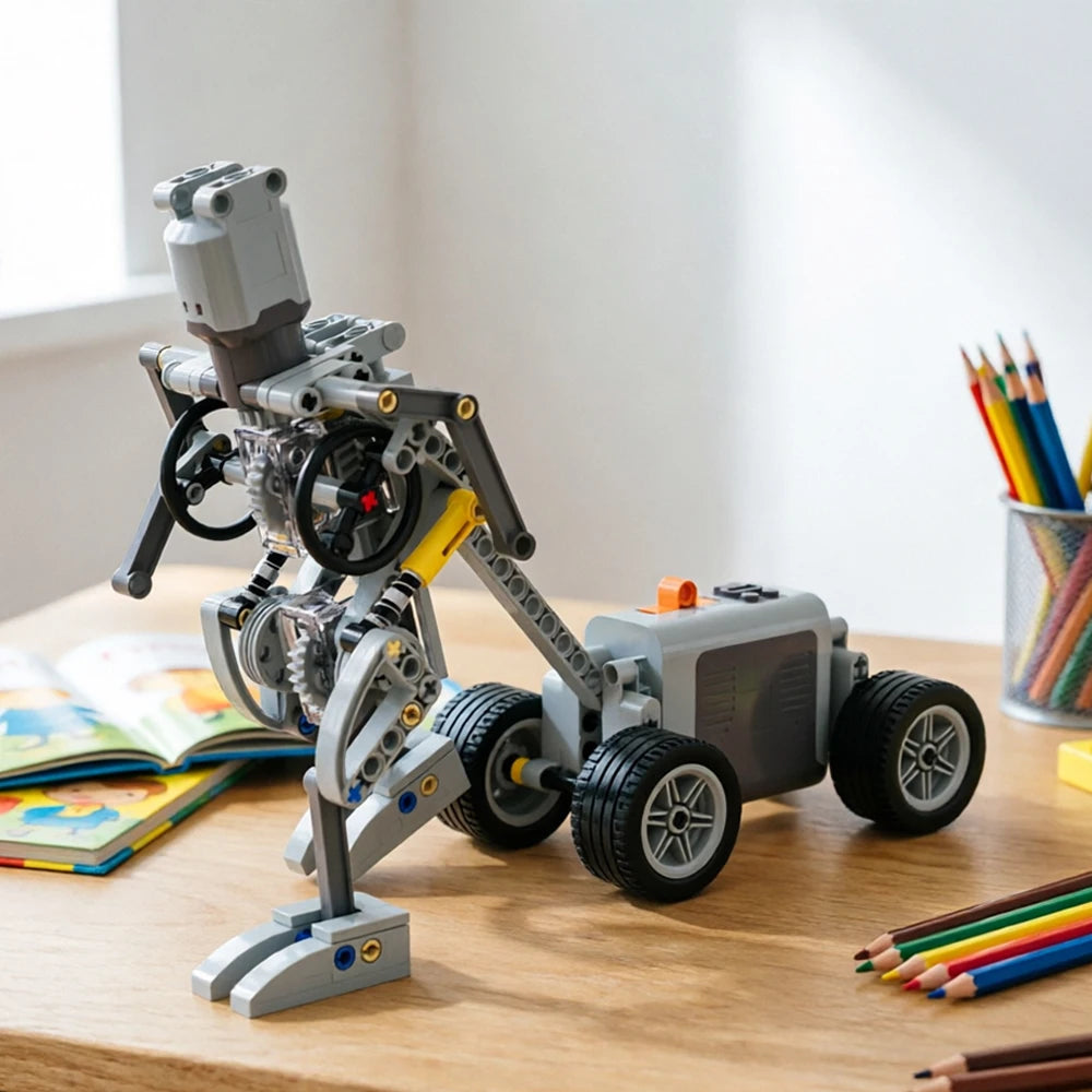 DIY MOC Mechanical Walker – Robot Pulling Wheeled Load, Interlocking Brick Set for Creative Assembly & Kinetic Art Display