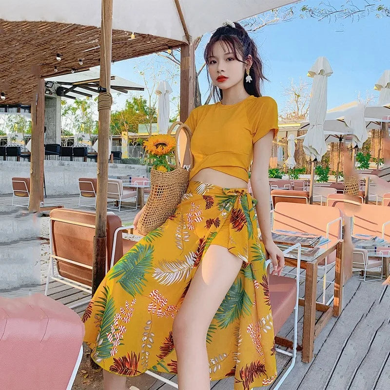 Tropical Two Piece Swimsuit Set with Yellow Short Sleeve Crop Top Tropical Print Wrap Skirt Modest Swimwear for Beach Vacation