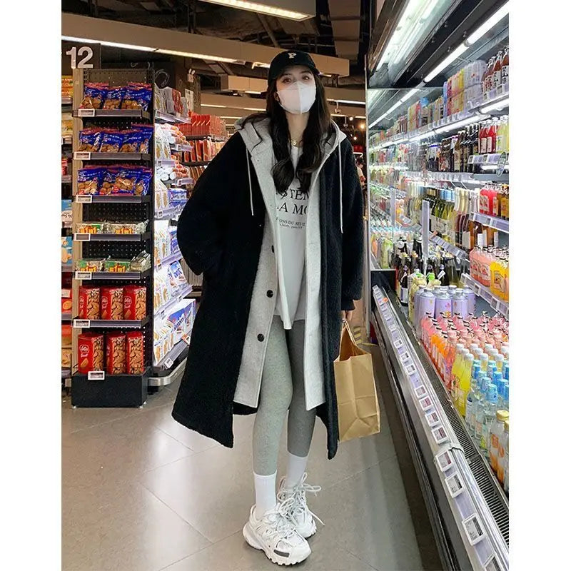 Dress Fashionable Long Hooded Dress Coat Lamb Velvet Versatile Loose Style Autumn Winter Arrival Women's Dress Skirt Coat