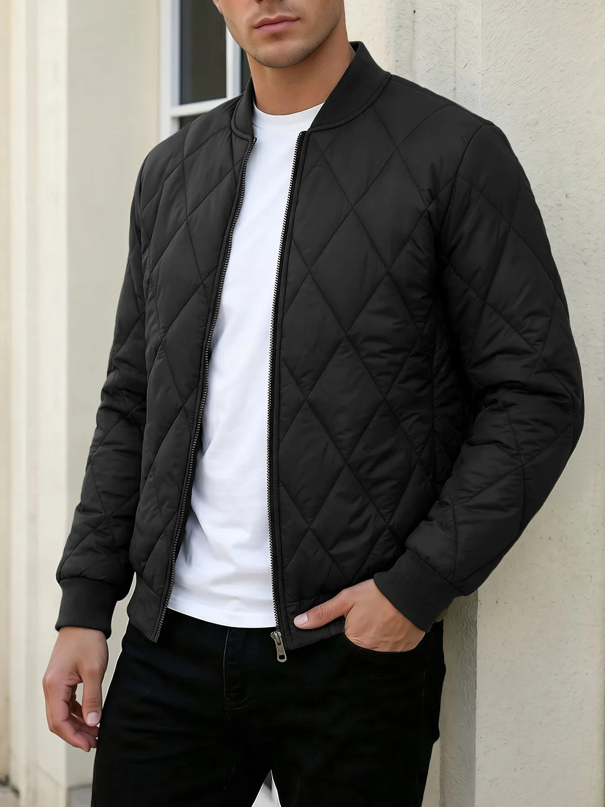 Lightweight Men Diamond Quilted Er Jacket Zip Up Baseball Collar Casual Windproof Padded Coat For Autumn Winter