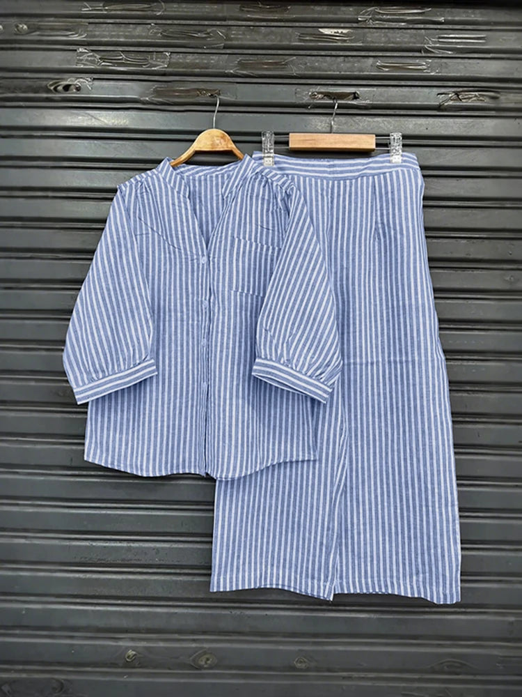 ZANZEA Vintage Women Matching Sets Elegant Striped Pant Sets 2025 Autumn V-Neck 3/4 Sleeve Shirts and Casual Long Pants 2PCS