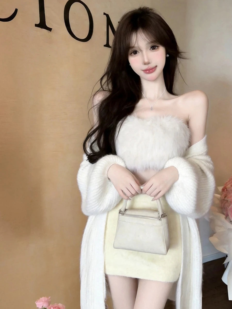 Pure Desire Sexy Girl Plush Wrap Chest Sweater Cardigan Outerwear Short Skirt Three Piece Set Women's Fashion Slim Fit Ensemble