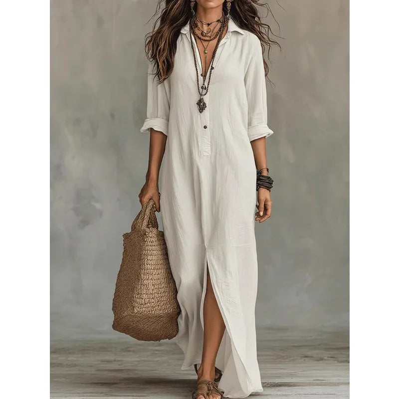 Women Lapel Collar Maxi Dress Half Button Rolled Sleeve Front Split Long Dress Woman Clothes Casual Loose Vacation Shirt Dress