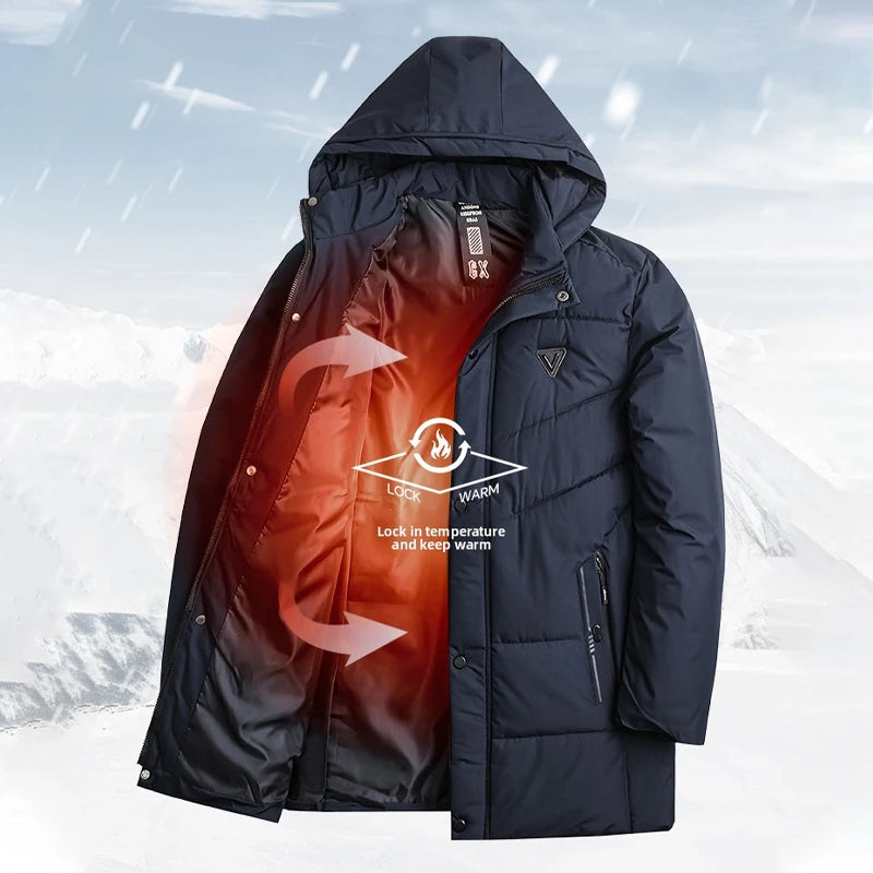 Men Winter Parkas Hooded Thick Warm Jackets Mid-Length Outerwear Fashion Casual Puffer Jacket Solid Blue Black Quilted Coat