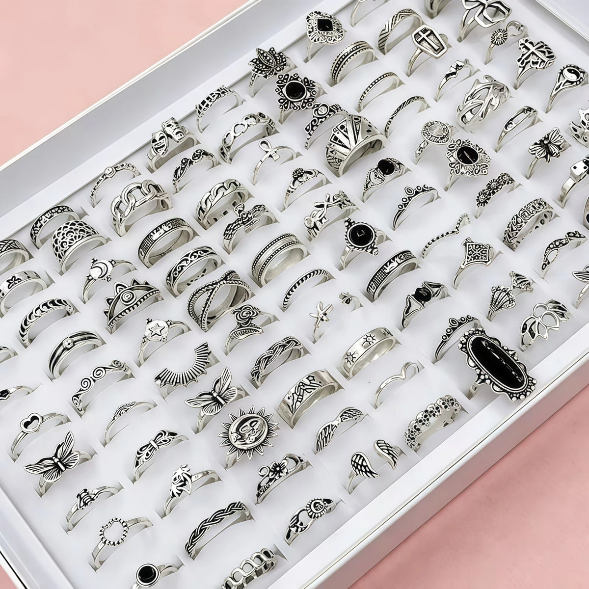 12/24/36/48/100Pieces Vintage Stone Hollow-Out Rings Set For Women Mix Style Retro Heart Butterfly Daily Jewelry Party Gifts