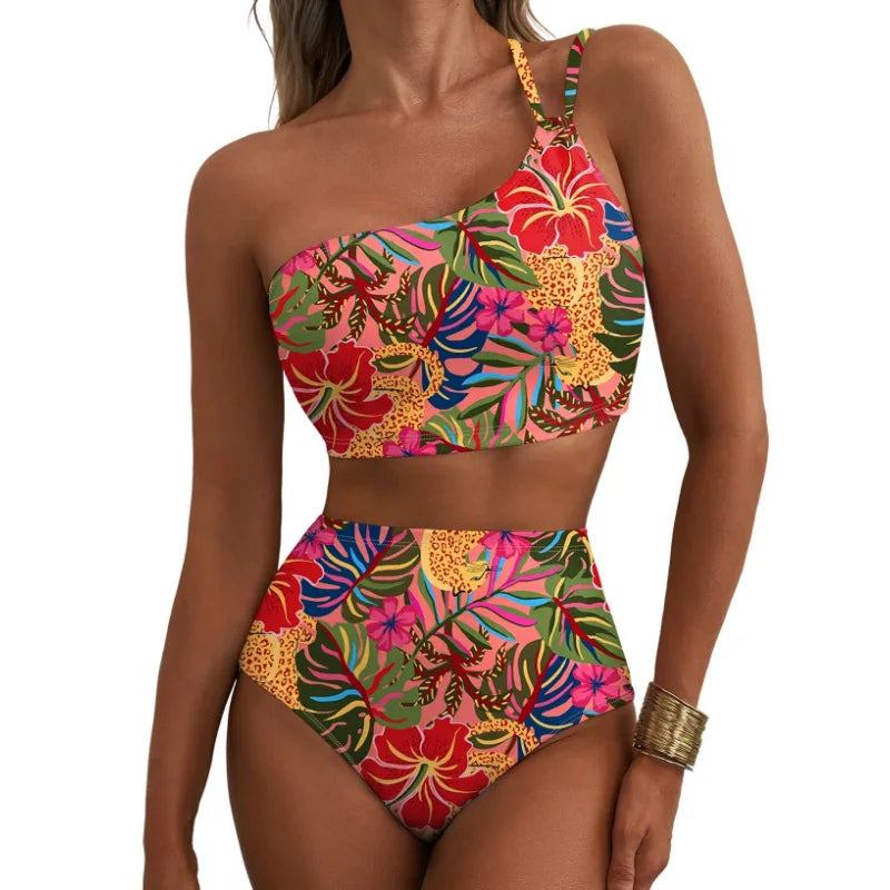 Floral High-Waisted Bikini Set, 2-Piece Printed Tummy Control Swimsuit