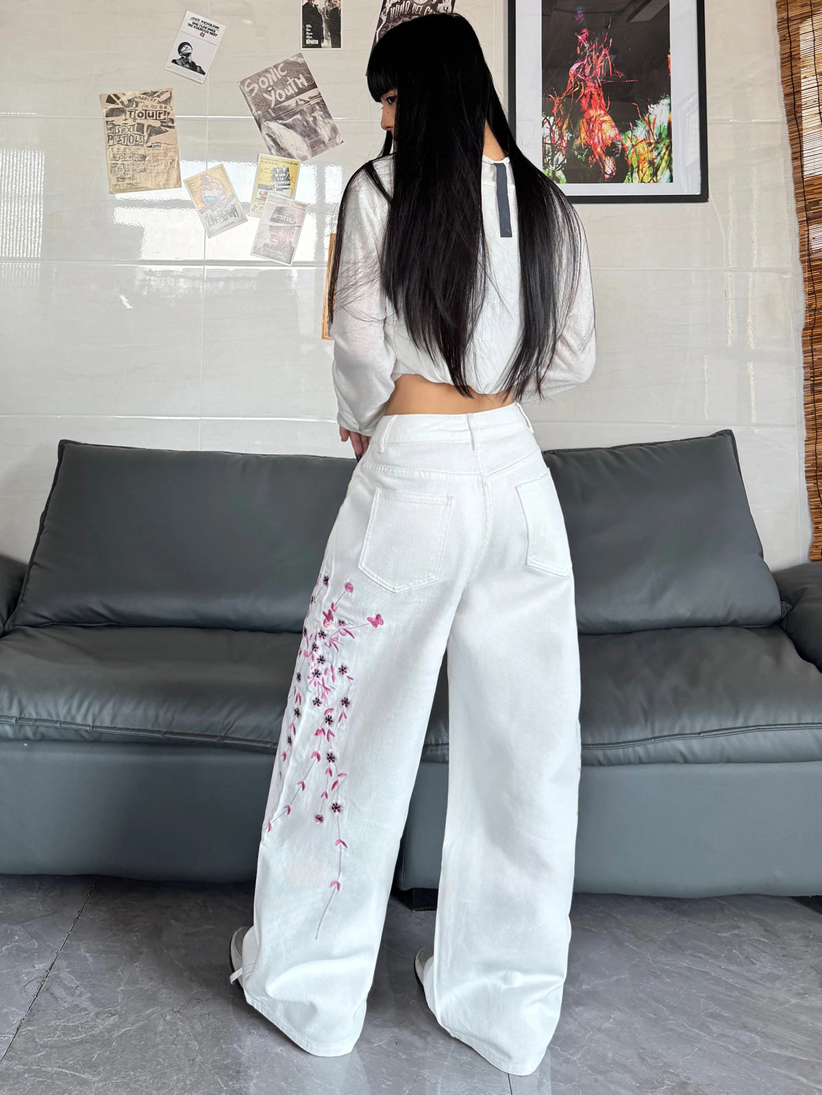 American High-Street Floral Embroidery Design White Women's Baggy Wide-Leg Jeans Vintage Y2K Street Trend Versatile Spicy Pants