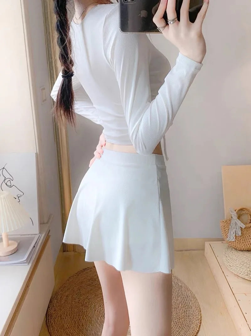 Sexy Korean Fashion Conservative Swimsuit Two Pieces Long Sleeve Cross Crop Tops with Pantskirt Bikinis Padded Swimwear Biquini