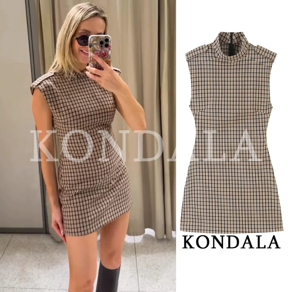 Casual Dresses KONDALA Women Elegant Plaid Jumpsuit Dresses Vintage Chic Slim Sleeveless Mini Dress 2026 Autumn Trendy Casual Classic Dress