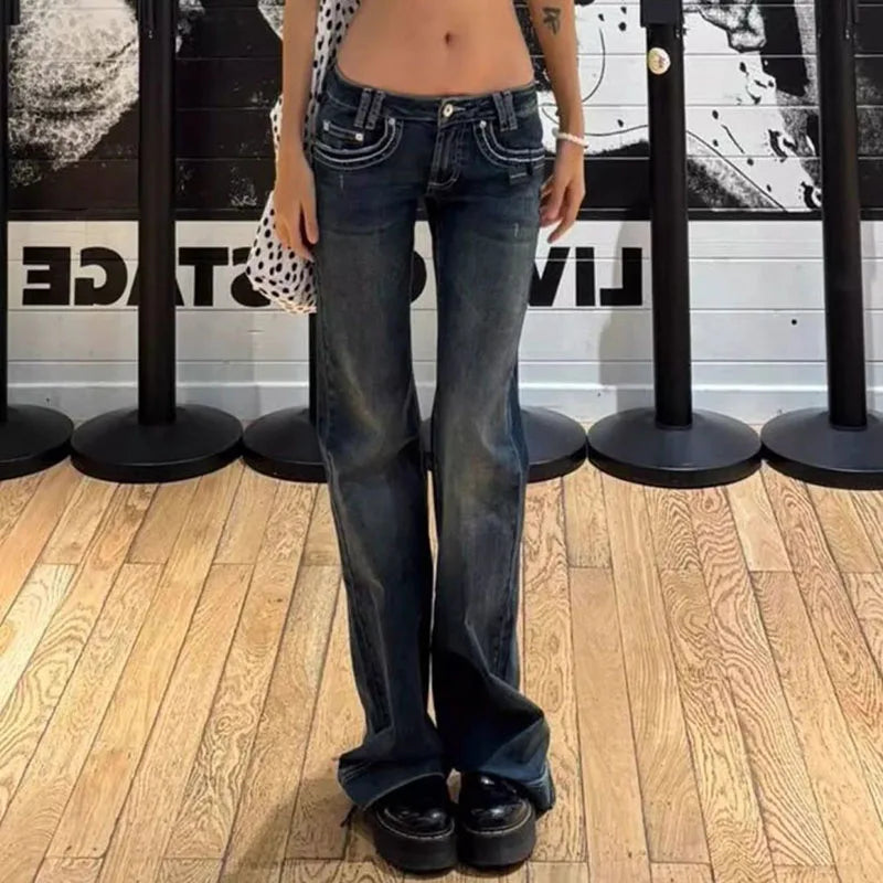Women's Vintage High Street Low-Waisted Jeans 2025 All-Match Wide Leg Y2K Denim Trousers Female Sexy Slim Fit Flares Pants