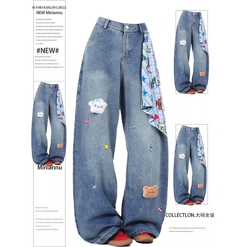ZHIZOU 2025 Autumn Women Blue Y2k Baggy Printing Jeans Harajuku Aesthetic 2000s Denim Trousers Vintage Jean Pants Trashy Clothes