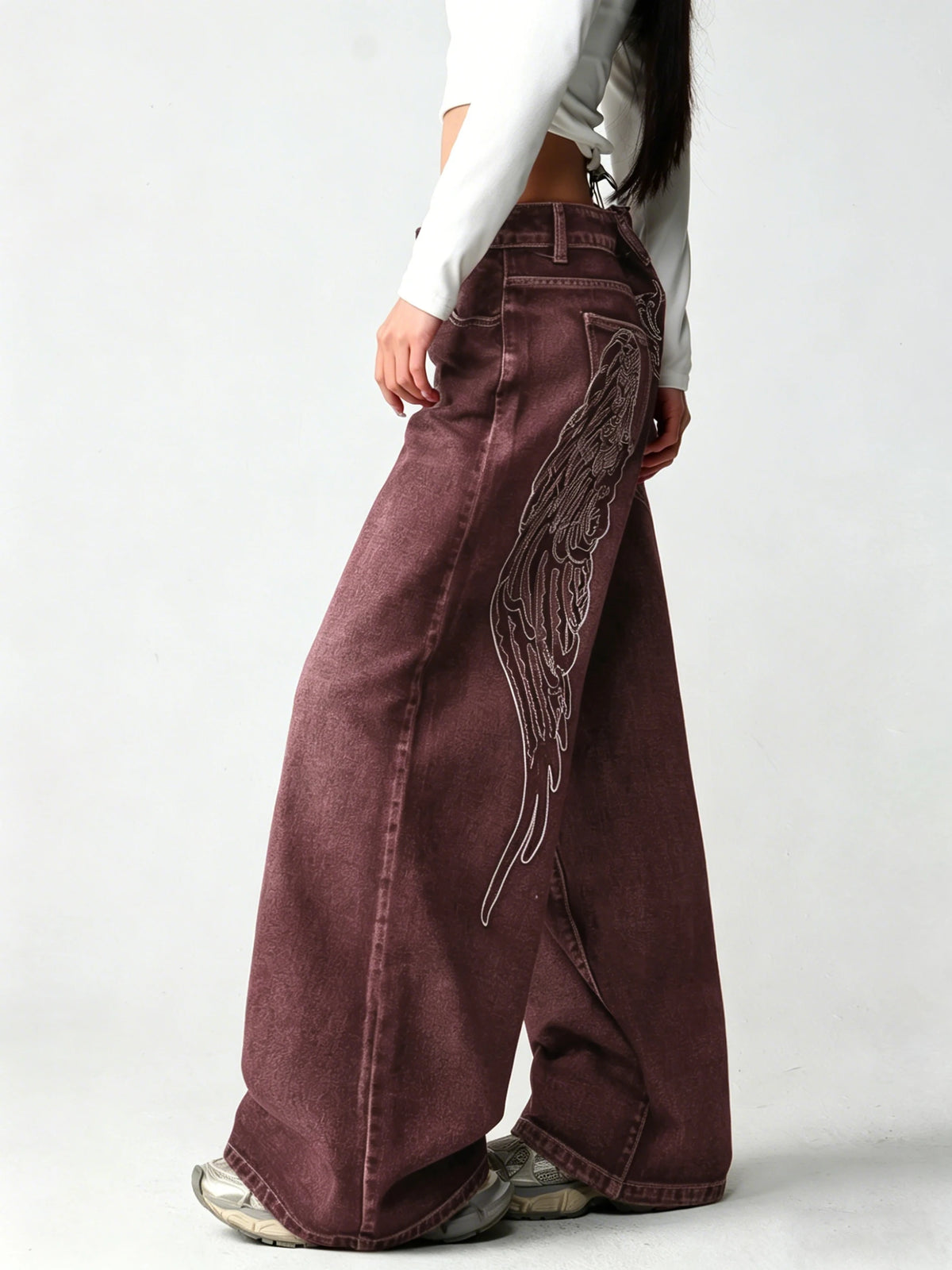 Plus Size Girls Spring Autumn Mid Waist Wide Leg Y2K Jeans Heavy Wing Embroidery Washed Soft Denim Hip Hop Pants