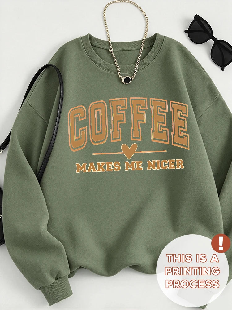 **Women Crewneck Sweatshirt Lightweight Coffee Print Funny Graphic Letter Pullover Casual Relaxed Fit Minimalist Versatile Plus Size for Coffee Lovers Spring Fall Machine Washable Daily Wear**