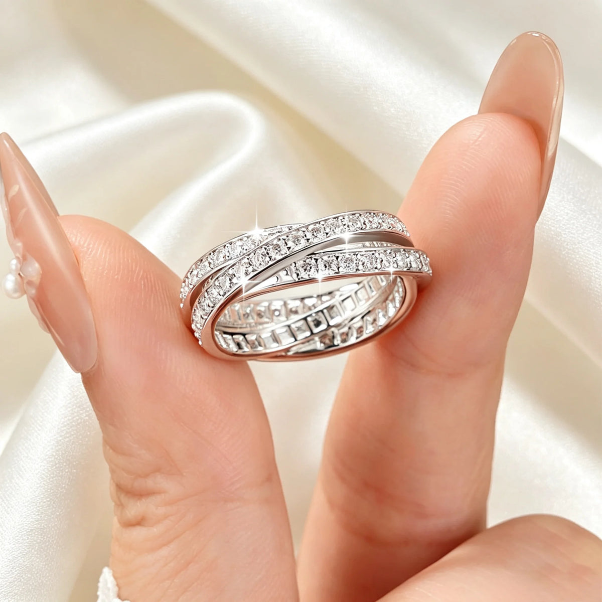 Rings Women Moissanite Abestecom 14K White Gold Plated Women Rings D Color Moissanite Intertwined Three Band Stackable Ring Wedding Eternity Jewelry