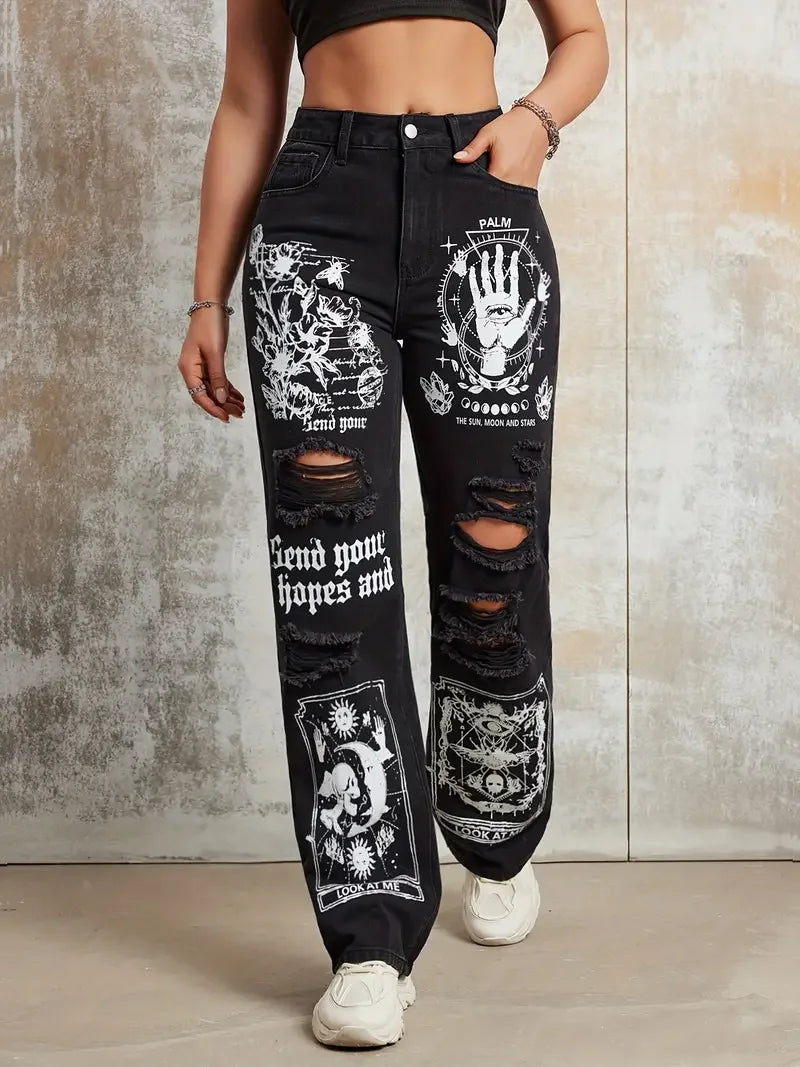 2025 Style Women's Jeans Women's Spring And Autumn Hot Selling Street INS Same Style Print Ripped Straight Jeans