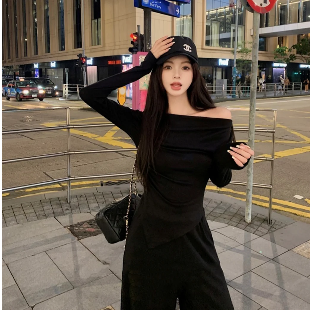 Casual Early Spring Casual Long Sleeve Two-Piece Set Shoulder Baring Wide Leg Pants for Younger Looking Slim Fit Home Date Casual Party