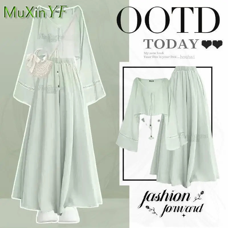 Women 2026 Summer Chiffon Sunscreen Shirt+Strap+Loose Skirt Pants 3-Piece Suit Korean Elegant Casual Tracksuit Matching Set