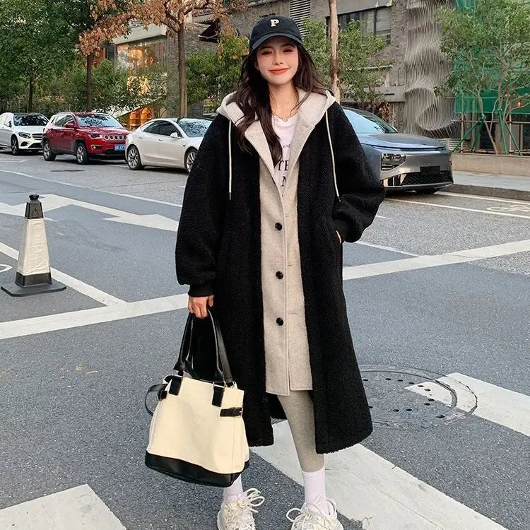 Dress Fashionable Long Hooded Dress Coat Lamb Velvet Versatile Loose Style Autumn Winter Arrival Women's Dress Skirt Coat