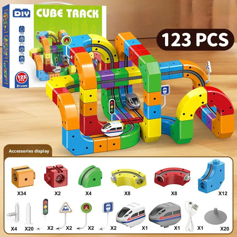 STEM Toys 51/81/123PCS Magical Track Train USB Rechargeable 3D Building Tracks Cube Rails STEM Educational Toys Christmas Birthday Gift